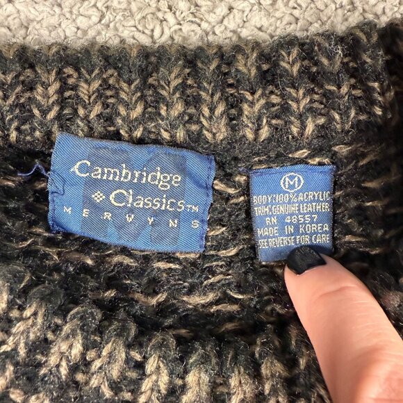 Vintage Cambridge Classics Mervyns Chunky Knit Sweater Mens M Leather Triangles - Picture 2 of 7